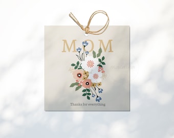 Mother's Day Tag Printable Downloadable Happy Mothers Day, Flower Thanks Square, 3 Inch, 3.5 inches Gift Instant Digital Download