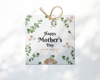 Moederdag Tag afdrukbare downloadbare Happy Mothers Day botanische bladeren vierkant 3 inch, 3,5 inch cadeau Instant Digitale Download