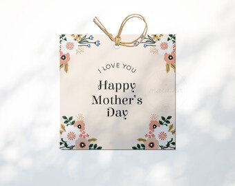 Moederdag Tag afdrukbare downloadbare Happy Mothers Day, gele bloemen vierkant, 3 inch, 3,5 inch cadeau Instant Digitale Download