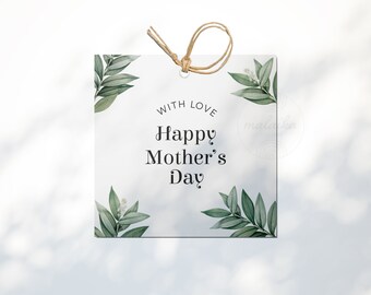 Mother's Day Tag Printable Downloadable Happy Mothers Day Leaves Botanical Green Square 3 Inch, 3.5 inches Gift Instant Digital Download