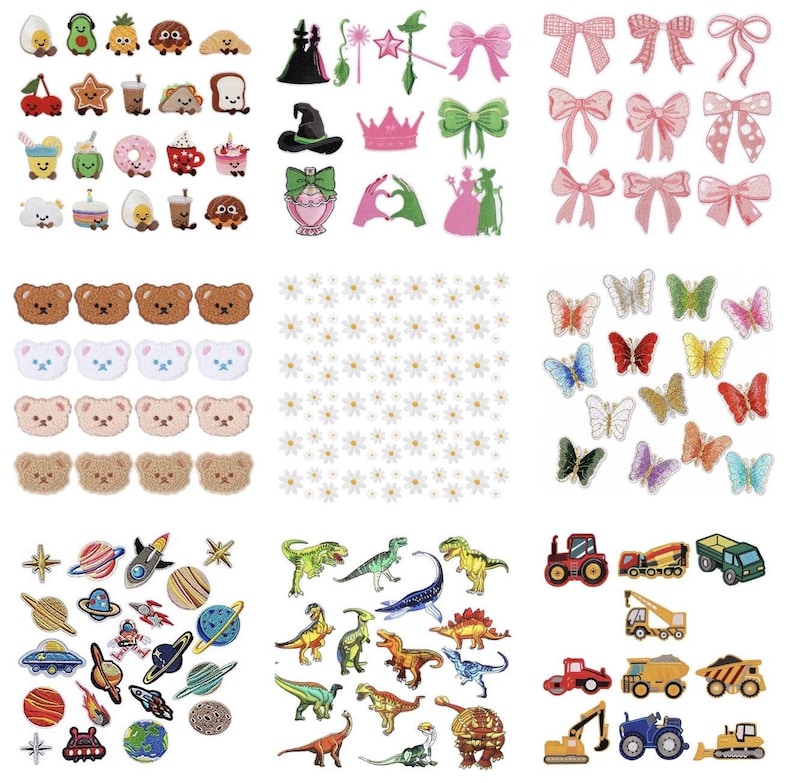 May include: A collection of embroidered iron-on patches featuring various designs including food items, bows, teddy bear faces, daisies, butterflies, space elements, dinosaurs, and construction vehicles arranged in a grid of nine distinct sections.