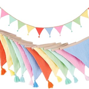 May include: A decorative bunting banner featuring triangular fabric flags in pastel shades of blue, pink, green, yellow, and orange. The flags are attached to a tan fabric cord, and each individual flag features a matching colored tassel.