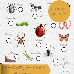 May include: A printable PDF minibeast spotting checklist featuring illustrations of various insects and bugs, including a beetle, ant, caterpillar, spider, ladybug, butterfly, and more. Includes the text "Minibeast spotting fun! Tick them off as you go."