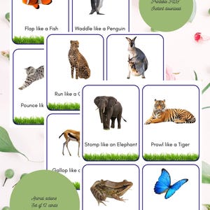 May include: Set of 12 animal action flashcards. Each card features an animal with a corresponding action, such as "Flap like a Fish" and "Prowl like a Tiger." The cards are designed with a white background and a green grass border.