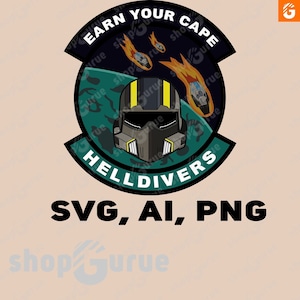 Pode incluir: Um remendo circular com fundo verde e um capacete preto e cinza no centro. O capacete tem uma faixa amarela e uma viseira preta. O texto "EARN YOUR CAPE" está escrito em um arco branco acima do capacete. O texto "HELLDIVERS" está escrito em um arco branco abaixo do capacete. O remendo é cercado por uma borda preta.
