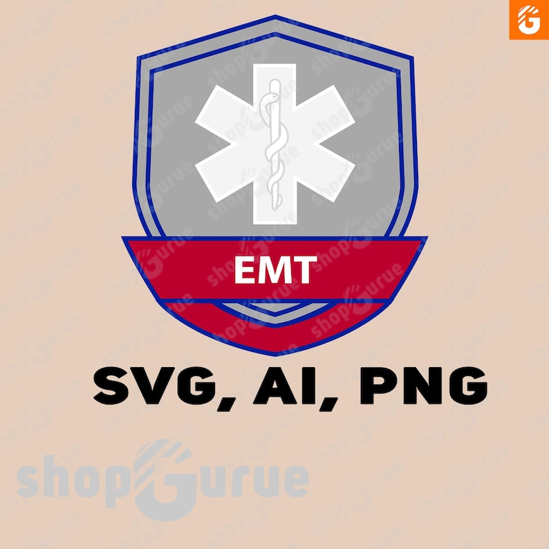 May include: A grey shield with a white star of life and a red ribbon with the text "EMT" on it. The shield is outlined in blue. The image is for a digital download of SVG, AI, and PNG files.