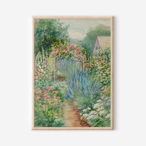 French Country Cottage Landscape Flower Garden Painting | French Antique Garden Print | Farmhouse Painting | Giclee PRINT Wall Art