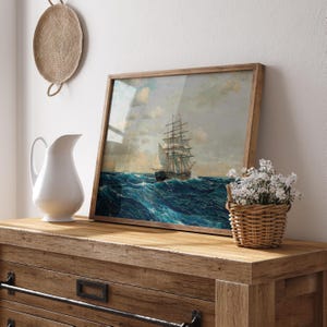 Vintage Sailing Ship Print , Nautical Ocean Art, Tall Ship Wall Decor, Maritime Sea Painting , Coastal Home , UNFRAME