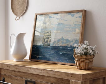 Vintage Clipper Ship Print - Nautische Ozeanszene , Segelschiff, Perfekte Küstenwandkunst, Strandmaritimes Dekor - UNGERAHMT