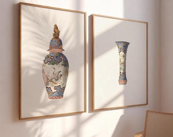 French Chinoiserie Wall Art Set – Vintage Porcelain Vase Prints, Elegant Ginger Jar Poster, French Asian Decor for Classic Interiors