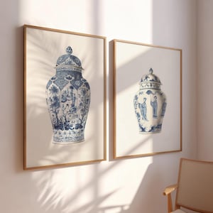 Französische Chinoiserie Ginger Jar Prints, 2er-Set | Vintage asiatische Kunst | Blaue und weiße Porzellan-Wand-Dekor, chinesische Porzellanvasen-Dekor,