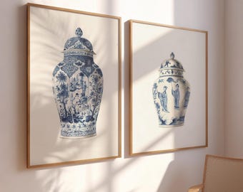 French Chinoiserie Ginger Jar Prints, Set of 2 | Vintage Asian Art | Blue and White Porcelain Wall Decor , Chinese Porcelain Vase Decor,