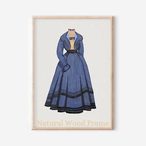 Blue Dress Drawing – Victorian Fashion Illustration of Elegant Historical Costume, 19th Century Style Art Print for Vintage Decor