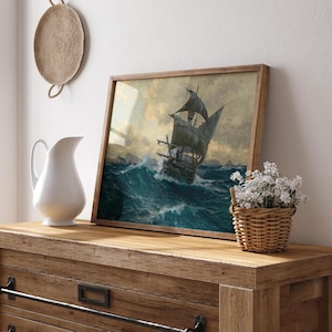 Vintage Sailing Ship Art Print – Historical Vessel on Stormy Sea, Nautical Wall Decor - Coastal Maritime -Inspired Interiors