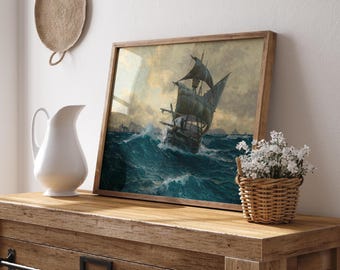 Vintage Sailing Ship Art Print – Historical Vessel on Stormy Sea, Nautical Wall Decor - Coastal Maritime -Inspired Interiors