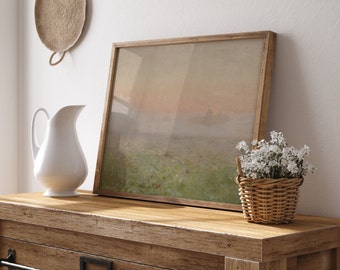 Vintage Meadow Country Cottage Landscape - Pastel Sunset Oil Painting - Abstract Garden Painting- ART PRINT