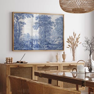 Vintage Blue Toile Landscape | Classic French Wall Art | Chinoiserie Decor | Elegant Pastoral Print | Timeless Countryside Scene