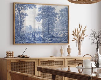Krajobraz w stylu vintage w kolorze niebieskim toile | Klasyczna francuska sztuka ścienna | Wystrój w stylu chinoiserie | Elegancki, sielski nadruk | Ponadczasowa scena wiejska