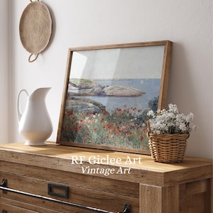 Stampa artistica di paesaggio costiero, papaveri rossi, decorazione murale in stile impressionista, dipinto con vista sull'oceano, interno naturale della casa, SENZA CORNICE