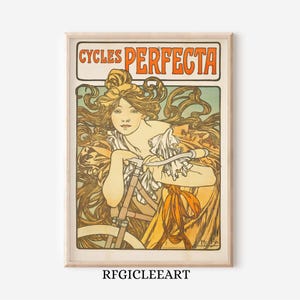 Puede incluir: Impresión de póster de estilo Art Nouveau de una mujer con cabello largo y ondeante sosteniendo una bicicleta. La paleta de colores incluye naranja, amarillo y verde. El texto "CYCLES PERFECTA" está en la parte superior.
