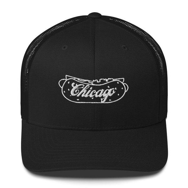 Chapeau de hot-dog Chicago, casquette de camionneur brodée Chicago, chapeau de papa Chicago Illinois, cadeau pour les amoureux de Chicago, camionneur de Chicago, chapeau de hot-dog style Chicago