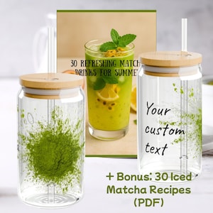 Copo de vidro Matcha – Copo de 473ml com tampa e canudo – Copo de cerveja estético – Presente para amantes de Matcha e chá gelado – E-book de receitas bônus