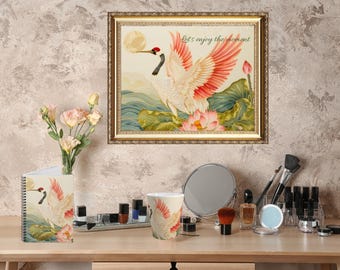 Japanischer Kranich Kunstdruck: Elegantes Satin Wandbild