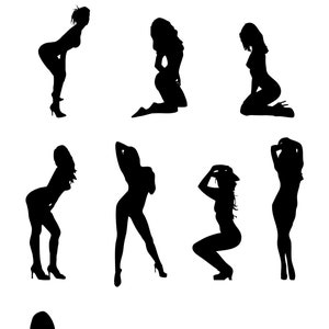 Pode incluir: Silhuetas de dez mulheres em várias poses. Algumas estão em pé, outras sentadas e outras ajoelhadas. Todas estão em um estilo simples e minimalista.