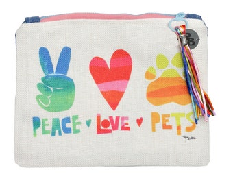 Vanity case, multipurpose vanity case, makeup case, cloth bag. Collage Peace, love, pets.