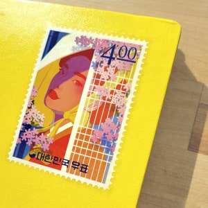 Korean stamp sticker- vintage retro style hanbok korean stamp cherry blossom sticker