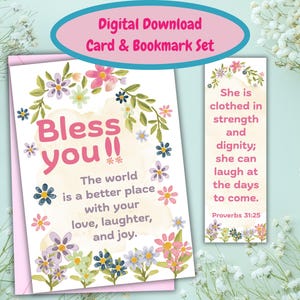 Christian Thank You Card & Bookmark Set: Floral Watercolor Design (Digital Download)