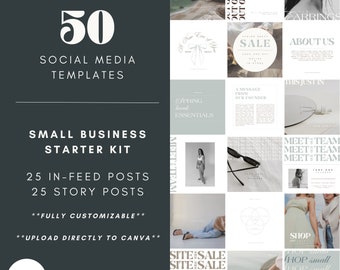 Puede incluir: Imagen promocional para un kit de inicio para pequeñas empresas, con 50 plantillas de redes sociales. El diseño incluye 25 publicaciones en el feed y 25 publicaciones de historias, totalmente personalizables y subibles a Canva.