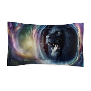 Cosmic Lion Microfiber Pillow Sham, Space Decor, Bedroom Accessories, Gift for Astronomers, Celestial Home Decor, Lion Lovers
