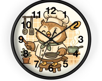 Reloj de pared de madera con forma de búho chef: decoración de cocina original, regalo para amantes de la gastronomía