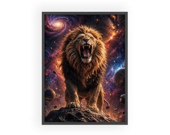 Roaring Space Lion Poster with Wooden Frame | Cosmic Wildlife Wall Art