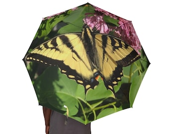 モナークバタフライデザインの折りたたみ傘、自然愛好家のためのレインパラソル