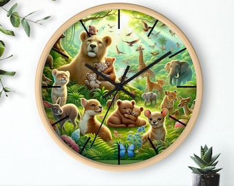 Jungle Animal Wall Clock: Natural Wood Nursery Decor