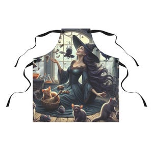 Witchy Cat Kitchen Apron, Magical Cooking Gift, Halloween Kitchen Accessory, Gifts for Cat Lovers, Witch Lover&#39;s Apron