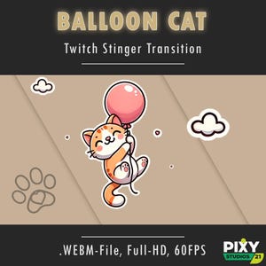 Op de afbeelding: Geanimeerde GIF van een cartoon oranje en witte kat die een roze ballon vasthoudt, met de tekst "BALLOON CAT" en "Twitch Stinger Transition" boven de kat. De tekst ".WEBM-File, Full-HD, 60FPS" staat onder de kat. Het logo "PIXY STUDIOS/21" staat in de rechterbenedenhoek.