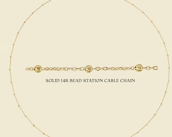 Solid 14K Gold Bead Station cable chain, 16 inch necklace, simple chain gold, solid gold,18inch , bracelet