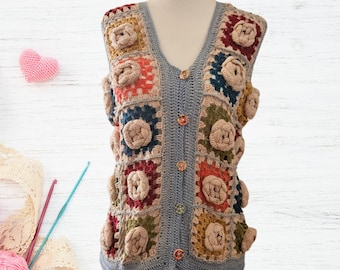 Handmade crochet vest Granny square vest Crochet top Knitted top 3D flower