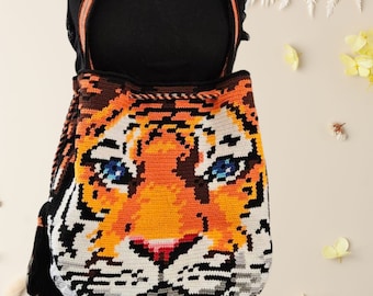 Handmade crochet tiger bag, crochet tiger shoulder bag, Handmade crochet purse, Crochet tiger crossbody bag, Handmade knitted bag
