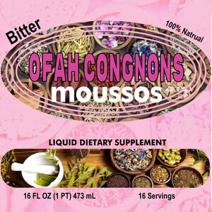 Pu&ograve; includere: Un'etichetta rosa e bianca per un integratore alimentare liquido chiamato "OFAH CONGNONS MOUSSOS". L'etichetta include testo, elenchi di ingredienti e istruzioni per l'uso. Il prodotto &egrave; di 473 ml.