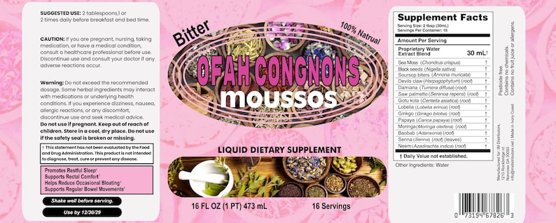 Pu&ograve; includere: Un'etichetta rosa e bianca per un integratore alimentare liquido chiamato "OFAH CONGNONS MOUSSOS". L'etichetta include testo, elenchi di ingredienti e istruzioni per l'uso. Il prodotto &egrave; di 473 ml.