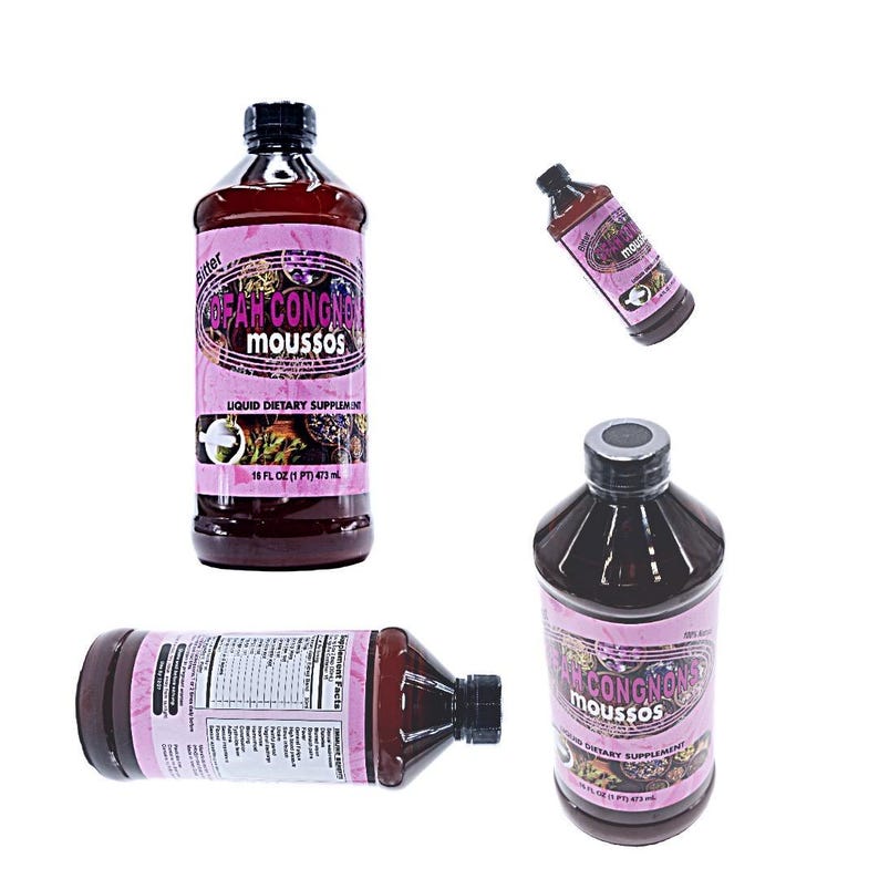 Pu&ograve; includere: Quattro bottiglie di un integratore alimentare liquido scuro. Le bottiglie hanno un'etichetta rosa con il testo "FAH CONGNG moussos" e "LIQUID DIETARY SUPPLEMENT". Ogni bottiglia contiene 473 ml.