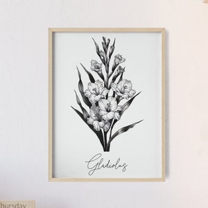 August Gladiolus Birth Flower Wall Art, Impresión de póster con marco de madera clara, Regalo perfecto para cumpleaños, Jardín de abuelas, Guardería personalizada