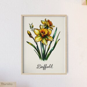 Arte de la pared de la flor del nacimiento del narciso de marzo, impresión del cartel del marco de madera clara, regalo perfecto para los cumpleaños, jardín de las abuelas, guardería personalizada