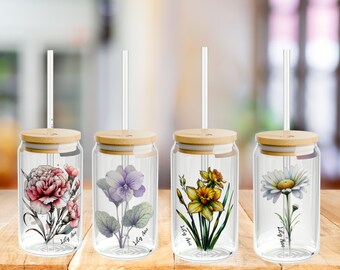 Vaso de cristal personalizado con la flor de nacimiento, regalo para damas de honor