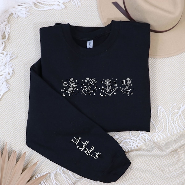 Personalized Birth Flower Astrology Sweatshirt, Customized Zodiac Sign & Name Sleeve, Gift for Mothers Day, Grandmas Garden, Mom Birthday