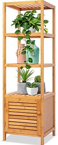5-Tier Bamboo Storage, Slim Organizer Unit Bathroom Shelf, Towel Stand, Bookshelf, Freestanding Furniture with Shelves Indoor&Outdoor